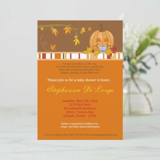 5x7 Herfst Herfst Pompoen Baby shower Uitnodiging (Staand voorkant)
