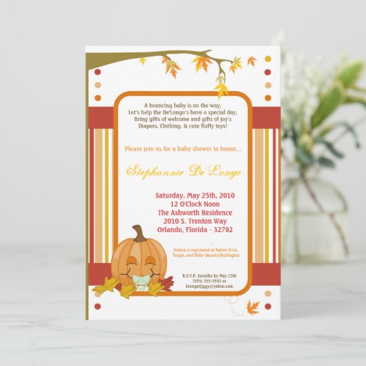 5x7 Herfst Herfst Pompoen Baby shower Uitnodiging (Staand voorkant)