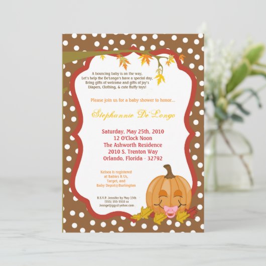 5x7 Herfst Herfst Pompoen Baby shower Uitnodiging (Staand voorkant)