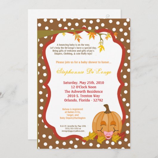 5x7 Herfst Herfst Pompoen Baby shower Uitnodiging (Voorkant / Achterkant)