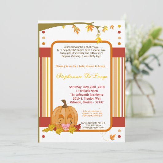 5x7 Herfst Herfst Pompoen Baby shower Uitnodiging (Staand voorkant)