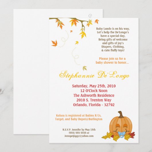 5x7 herfst Uitnodiging tot Baby shower (Voorkant / Achterkant)