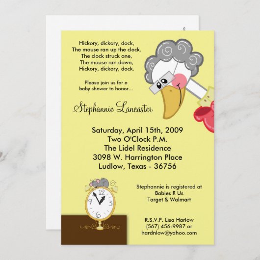 5x7 Hickory Dickory Nursery Baby shower Uitnodigin Kaart (Voorkant / Achterkant)