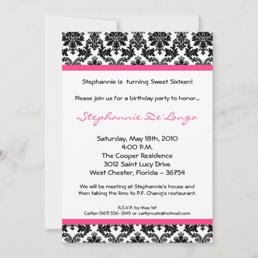 5x7 Hot Pink Blac Damask Birthday Party Invitation Kaart (Voorkant)