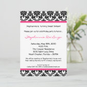 5x7 Hot Pink Blac Damask Birthday Party Invitation Kaart (Staand voorkant)