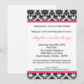 5x7 Hot Pink Blac Damask Birthday Party Invitation Kaart (Voorkant / Achterkant)