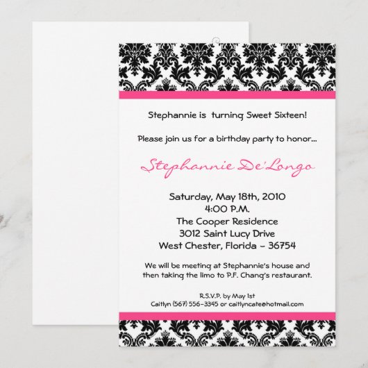 5x7 Hot Pink Blac Damask Birthday Party Invitation Kaart (Voorkant / Achterkant)