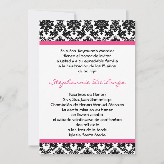 5x7 Hot Pink Blac Damask Quinceanera Uitnodiging (Voorkant)