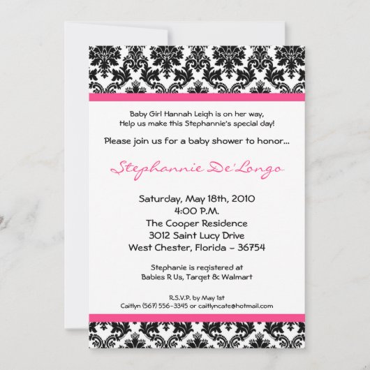 5x7 Hot Pink Black Damask Baby shower Uitnodiging (Voorkant)