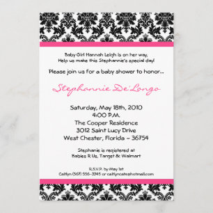 5x7 Hot Pink Black Damask Baby shower Uitnodiging