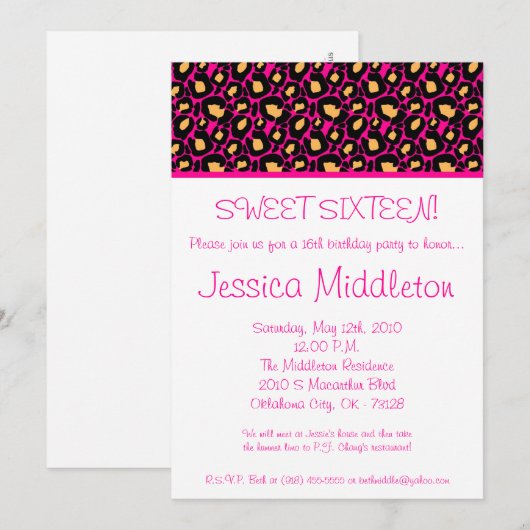 5x7 Hot Pink Cheetah 16e verjaardag Uitnodiging (Voorkant / Achterkant)