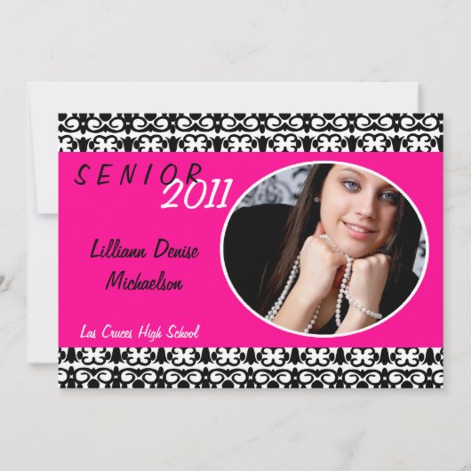 5x7 Hot Pink Damask Photo Senior aankondiging (Voorkant)