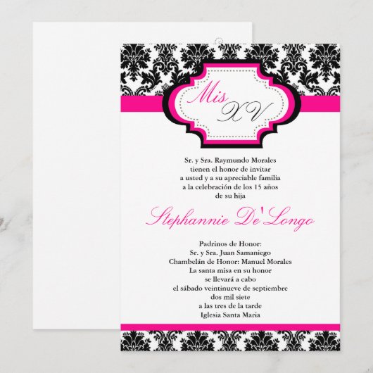 5x7 Hot Pink Damask Quinceanera Uitnodiging (Voorkant / Achterkant)