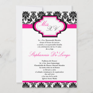 5x7 Hot Pink Damask Quinceanera Uitnodiging