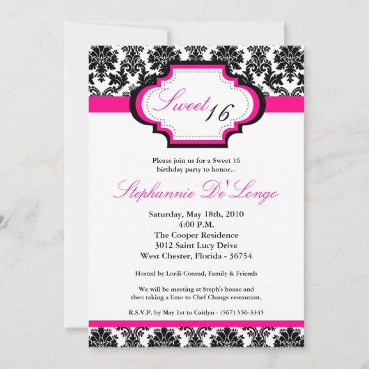 5x7 Hot Pink Damask Sweet 16 Birthday Invitation Kaart (Voorkant)