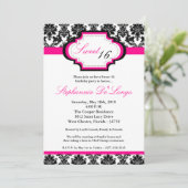 5x7 Hot Pink Damask Sweet 16 Birthday Invitation Kaart (Staand voorkant)
