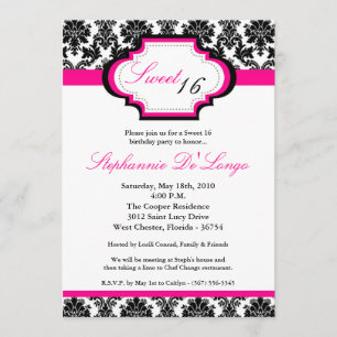 5x7 Hot Pink Damask Sweet 16 Birthday Invitation Kaart
