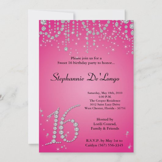 5x7 Hot Pink Diamond Sweet 16 Birthday Invitation Kaart (Voorkant)