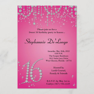 5x7 Hot Pink Diamond Sweet 16 Birthday Invitation Kaart