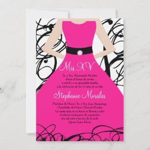 5x7 Hot Pink Dress Quinceanera Birthday Uitnodigin Kaart