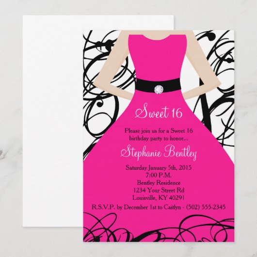 5x7 Hot Pink Dress Sweet 16 Birthday Uitnodiging (Voorkant / Achterkant)
