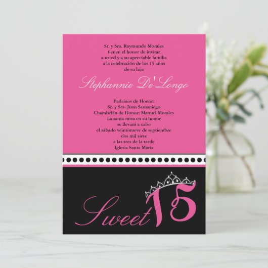 5x7 Hot Pink Tiara Quinceanera Party Uitnodiging (Staand voorkant)