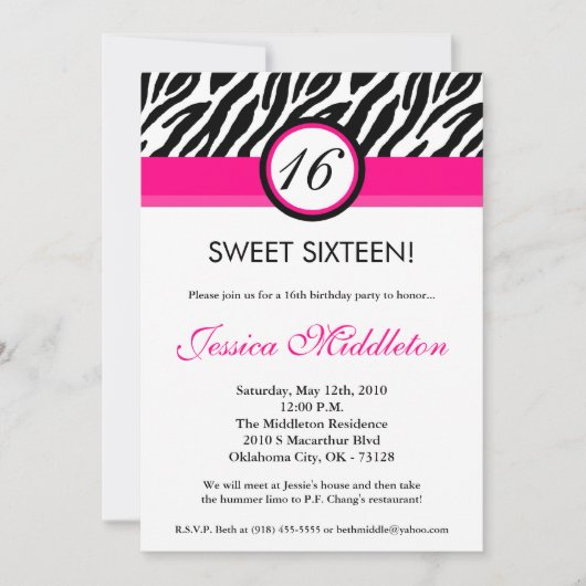 5x7 Hot Pink Zebra16th Birthday Invitation Kaart (Voorkant)