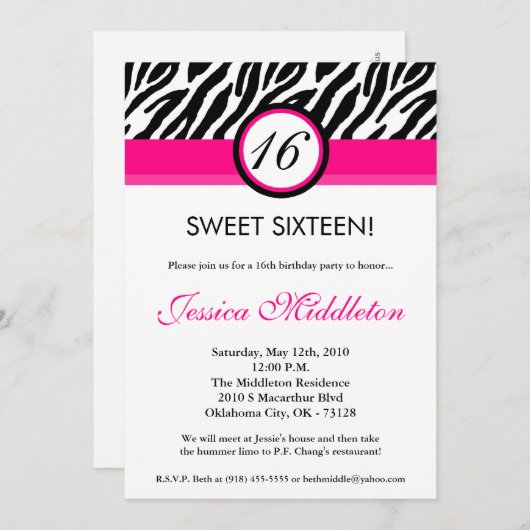 5x7 Hot Pink Zebra16th Birthday Invitation Kaart (Voorkant / Achterkant)