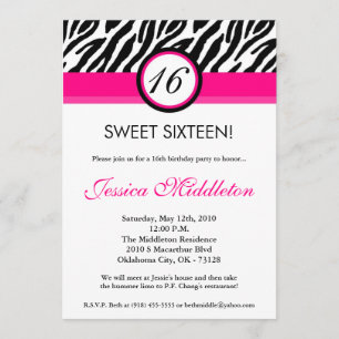5x7 Hot Pink Zebra16th Birthday Invitation Kaart