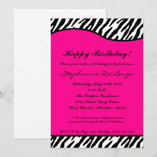 5x7 Hot Pink Zebra Birthday Party nodiging Kaart (Voorkant / Achterkant)