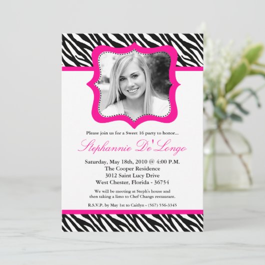 5x7 Hot Pink Zebra FOTO Sweet 16 Birthday Uitnodig Kaart (Staand voorkant)