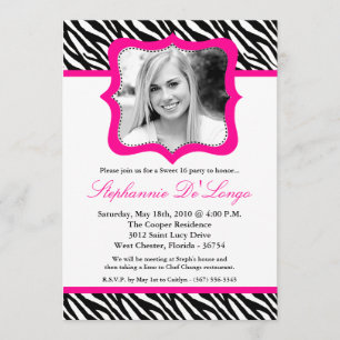 5x7 Hot Pink Zebra FOTO Sweet 16 Birthday Uitnodig Kaart