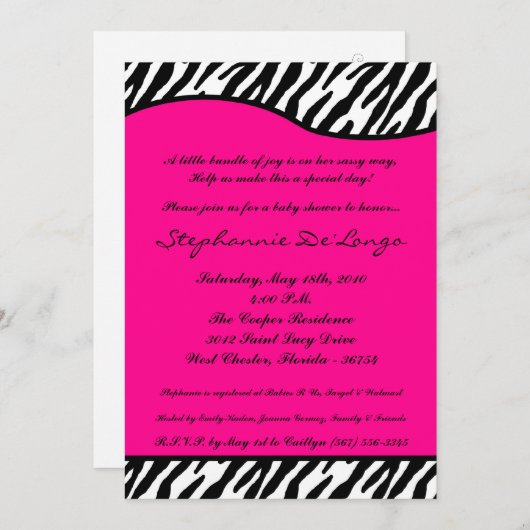5x7 Hot Pink Zebra Print Baby shower Uitnodiging (Voorkant / Achterkant)