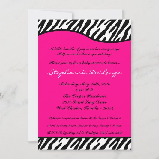 5x7 Hot Pink Zebra Print Baby shower Uitnodiging (Voorkant)