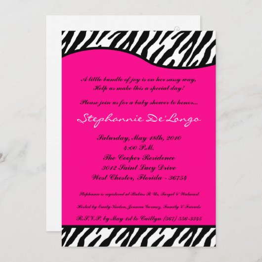 5x7 Hot Pink Zebra Print Baby shower Uitnodiging (Voorkant / Achterkant)