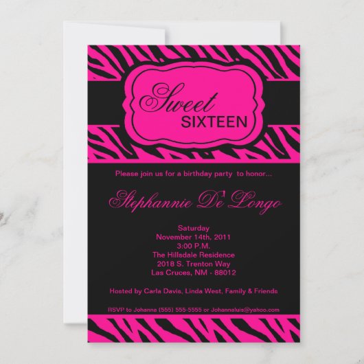 5x7 Hot Pink Zebra Print Birthday Party Invitation Kaart (Voorkant)