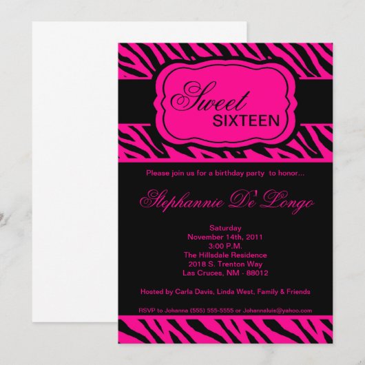 5x7 Hot Pink Zebra Print Birthday Party Invitation Kaart (Voorkant / Achterkant)