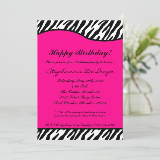 5x7 Hot Pink Zebra Verjaardag Uitnodiging (Staand voorkant)