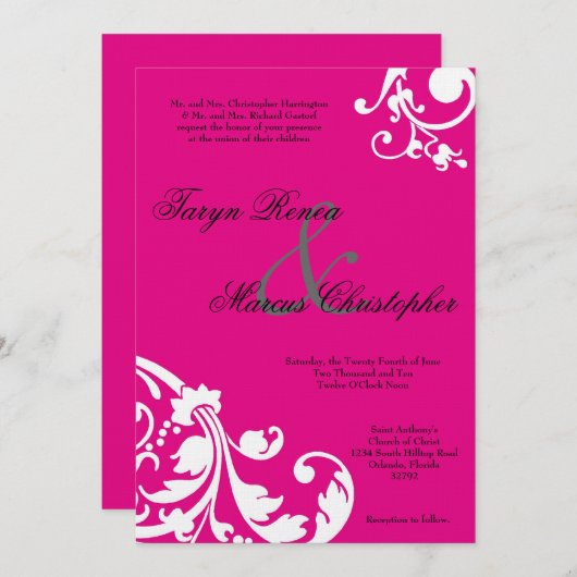 5x7 Hot Roze Witte Bloemen Linnen Huwelijksuitnodi Kaart (Voorkant / Achterkant)