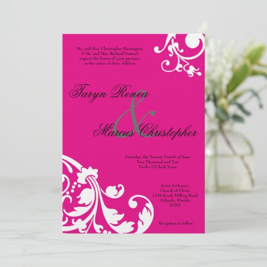 5x7 Hot Roze Witte Bloemen Linnen Huwelijksuitnodi Kaart (Staand voorkant)