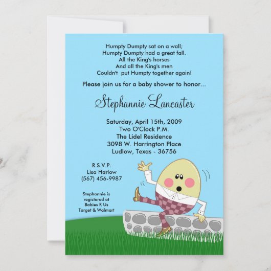 5x7 Humpty Dumpty Nursery Baby shower Invitation Kaart (Voorkant)