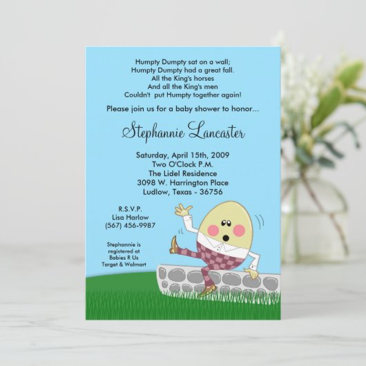 5x7 Humpty Dumpty Nursery Baby shower Invitation Kaart (Staand voorkant)