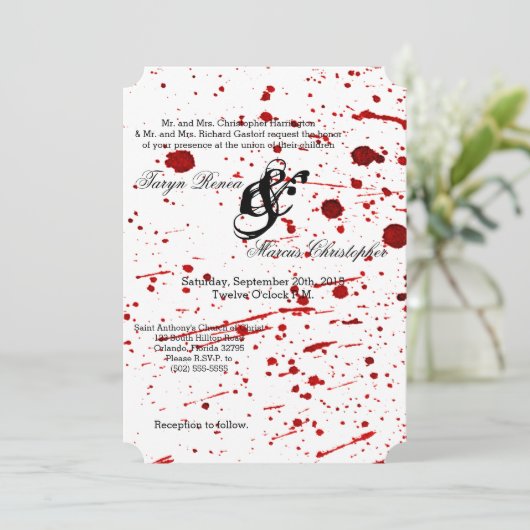 5x7 Huwelijksuitnodiging Bloed Splatter Vampier Go Kaart (Staand voorkant)