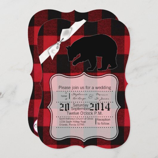 5x7 Huwelijksuitnodiging Red Buffalo Plaid Beer Zw Kaart (Voorkant / Achterkant)