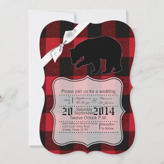 5x7 Huwelijksuitnodiging Red Buffalo Plaid Beer Zw Kaart (Voorkant)