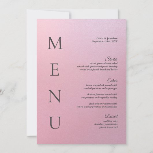 5x7-inch Elegant Ombre Pink Wedding Table Menu Kaa Kaart (Voorkant)