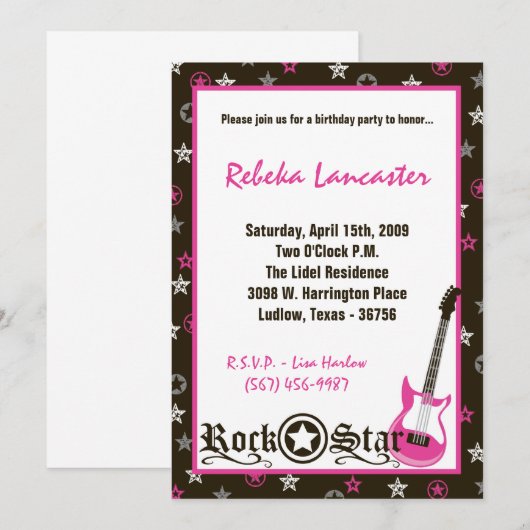 5x7 Invite - Girl Rock Star Birthday Invitation Kaart (Voorkant / Achterkant)