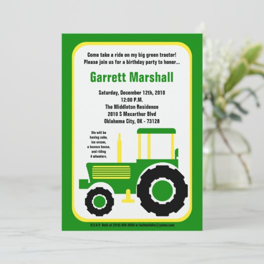 5x7 John Green Boerderij Tractor Birthday Invitati Kaart (Staand voorkant)