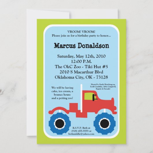 5x7 Jongen Monster Truck Birthday Party Invitation Kaart (Voorkant)