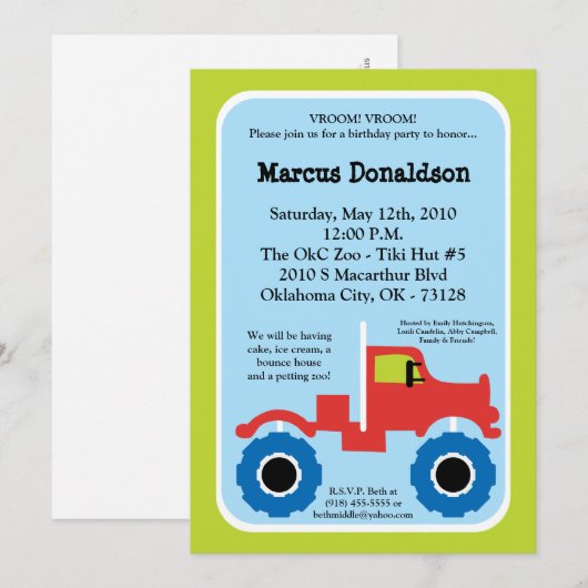 5x7 Jongen Monster Truck Birthday Party Invitation Kaart (Voorkant / Achterkant)